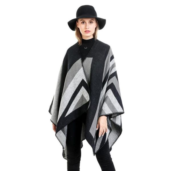 

scarves women's stripe geometrical open front poncho cape cardigan wrap shawl female sweater coat, Blue;gray