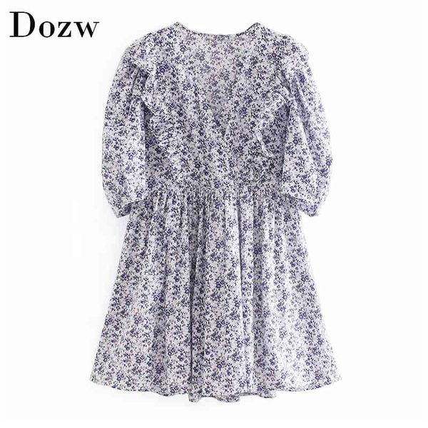 

women v neck ruffled mini dress floral print vintage pleated dress puff sleeve elegant casual dresses summer vestidos 210414, Black;gray