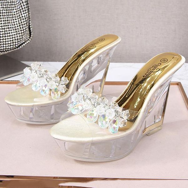 

high heel slipper fashion catwalk pole dancing shoes crystal bottom rhinestone women's korean style wedge heels nightclub slippers, Black