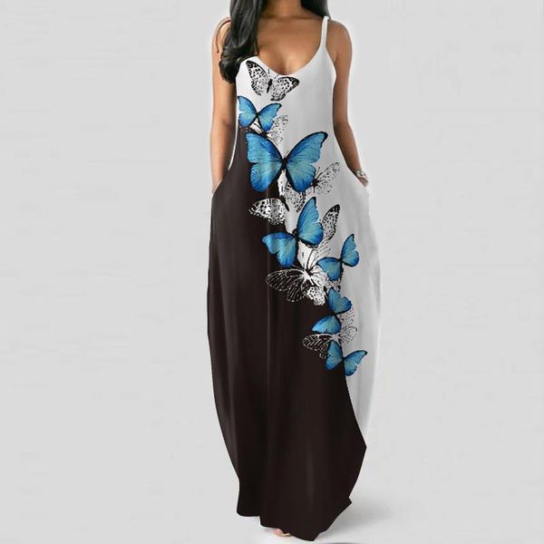 

casual dresses women butterfly print dress loose o-neck pocket summer maxi sleeveless long robe femme #g2, Black;gray