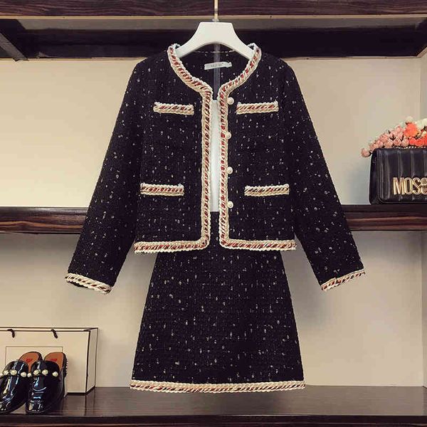 

balck tweed winter chic dot jacquard suits for women fashion colorful woven trim jacket +mini skirt 2 piece sets 210525, White