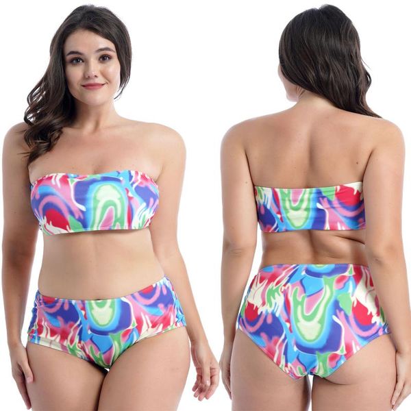 

one-piece suits women summer bikini suit colorful print plus size removable pads tube and briefs set beach swimwear bathing