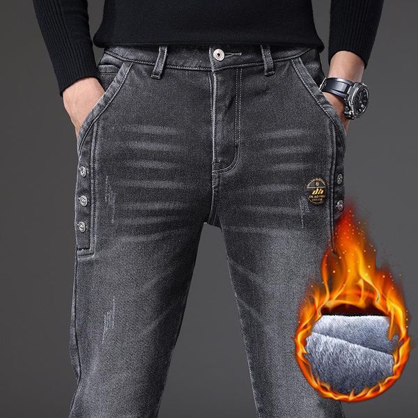 

men's jeans warm men 2021 winter fleece slim straight grey stretch plus velvet thicken denim pants regular male trousers, Blue