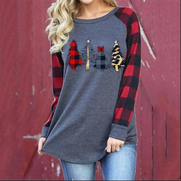 

merry christmas print car plaid womens t shirts tee raglan casual long sleeve loose gray shirt, White