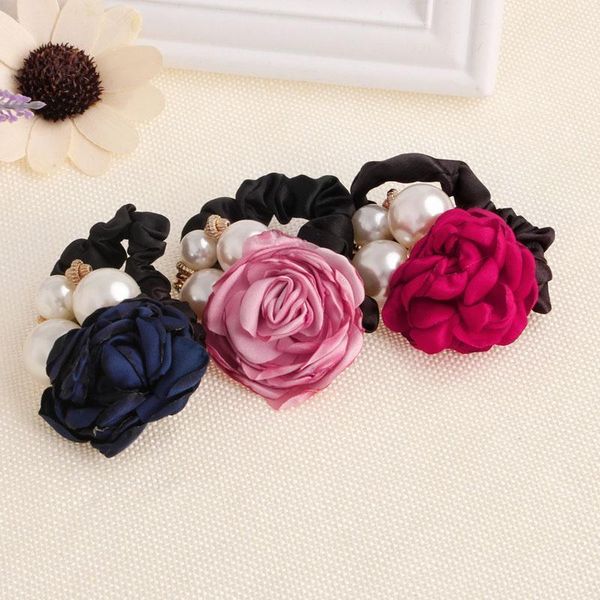 

women lady satin ribbon rose flower pearls hairband ponytail holder hair band1