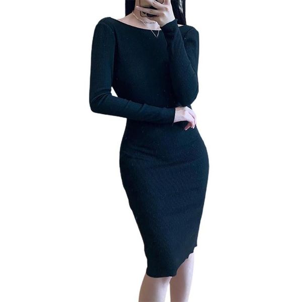 

ropa mujer woman dress women solid color long sleeve chain backless party bodycon knitted vestido de muje casual dresses, Black;gray