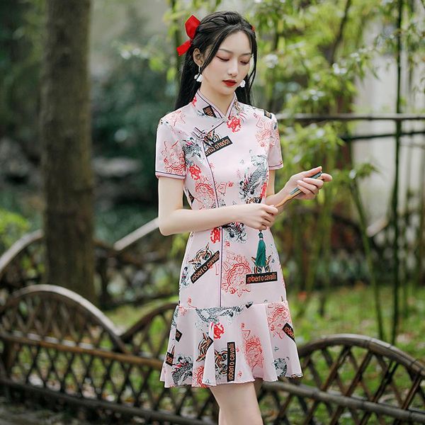 

chinese traditional short sleeve cheongsam women pink print qipao female party elegant vintage clothing ethnic, Red
