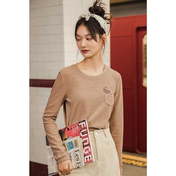 

women's t-shirt t shirts winter long sleeve relax versatile embroidered basic bottomed cotton elastic t-shirt mc02, White