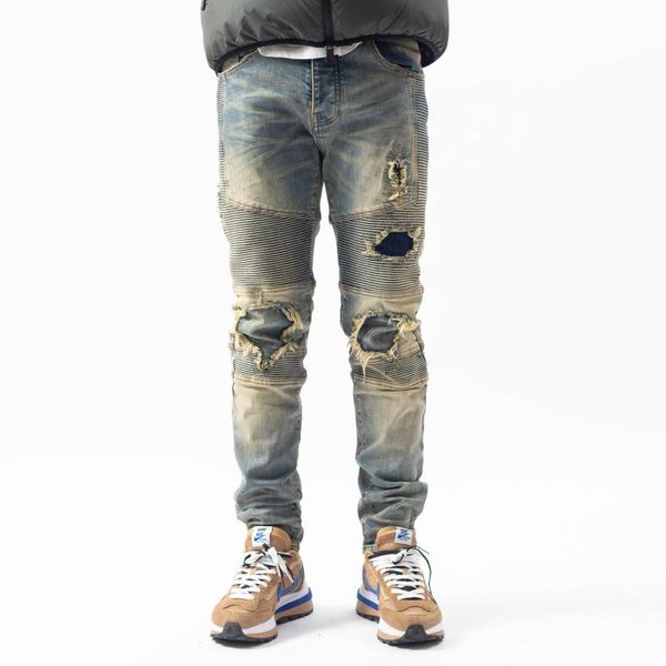 

men's jeans trend high street ripped stitching stretch slim casual small foot pants quality, Blue