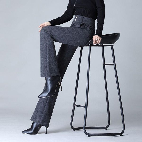 

women's pants & capris women autumn winter woolen flare female solid color wide leg ladies plus large size high waist warm trousers c67, Black;white