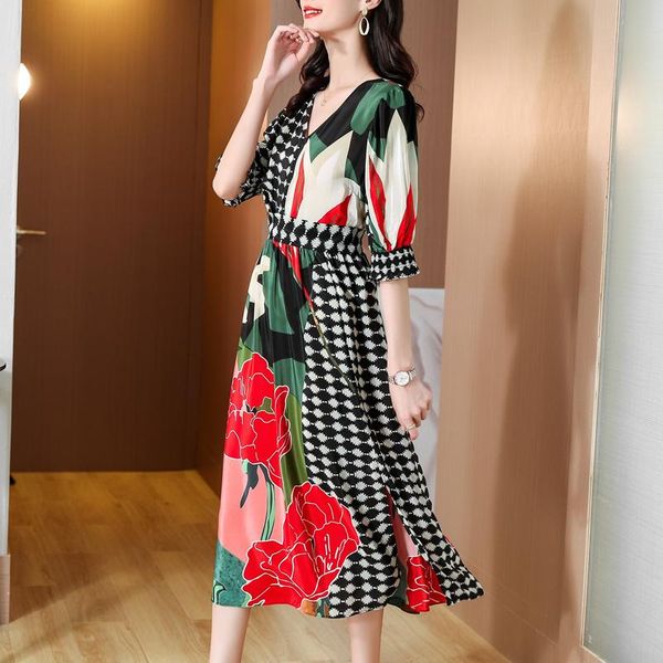 

party dresses summer floral mulberry silk vintage midi dress 2021 elegant bodycon v-neck vestidos women korean office lady shirt sundre, White;black