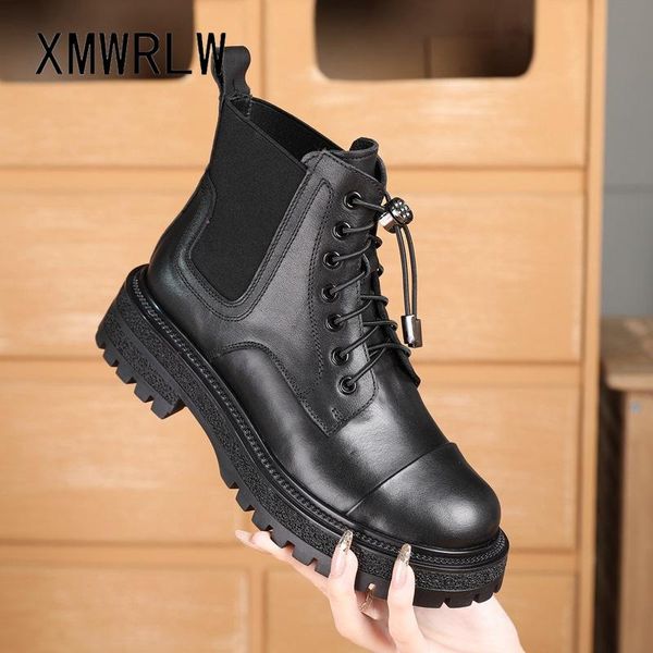 

boots xmwrlw 2021 women's cow leather ankle autumn shoes rubber sole ladies casual square heel woman boot, Black