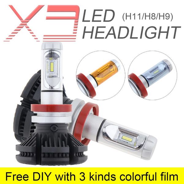 

car headlights 2pcs h8 h9 h11 x3 50w 6000lm 3000k 6500k 8000k led headlight kit automobile fog lamp hi lo light bulbs 3 kind colorful film