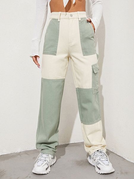 

high waist color block cargo jeans z1hs#, Blue
