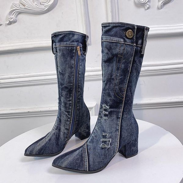

boots cowboy women's mid-length zipper high heels fashion jeans shoes, Black