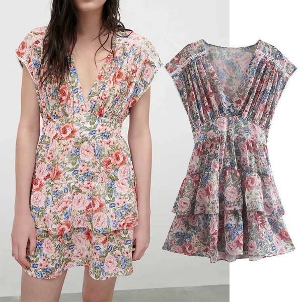 

klkxmyt za dress women summer floral short woman es sleeveless pleated ruffle mini ruched vintage es 210527, Black;gray