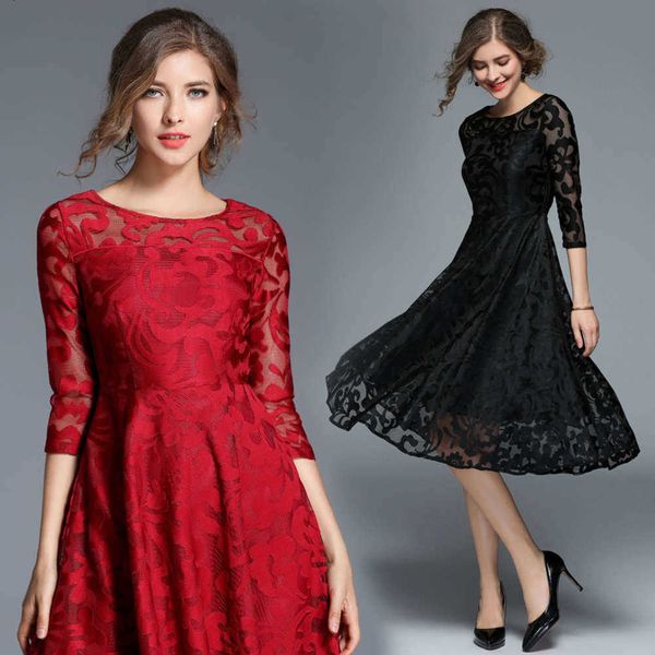 

slim casual dresses women's medium length lace swing drs, Black;gray