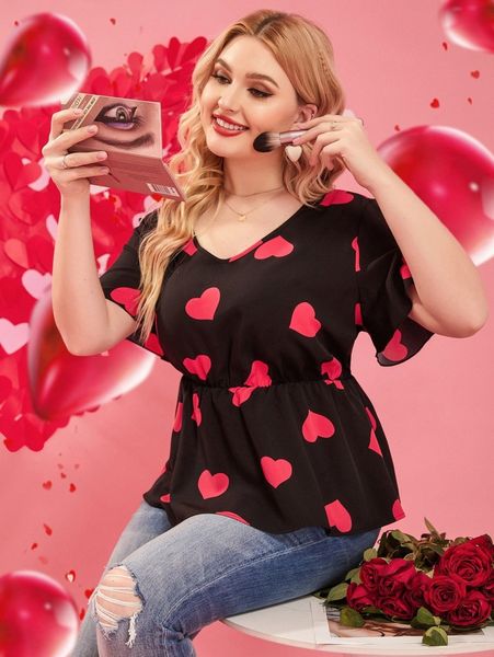 

plus heart print peplum blouse p7lc#, Black