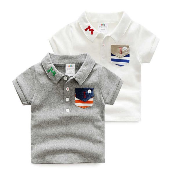 Bebek Çocuk Giyim Rahat Pamuk Kısa Kollu Turn-down Yaka Gri Beyaz Katı Renk Cep Çocuklar Küçük Erkek T Shirt 210529