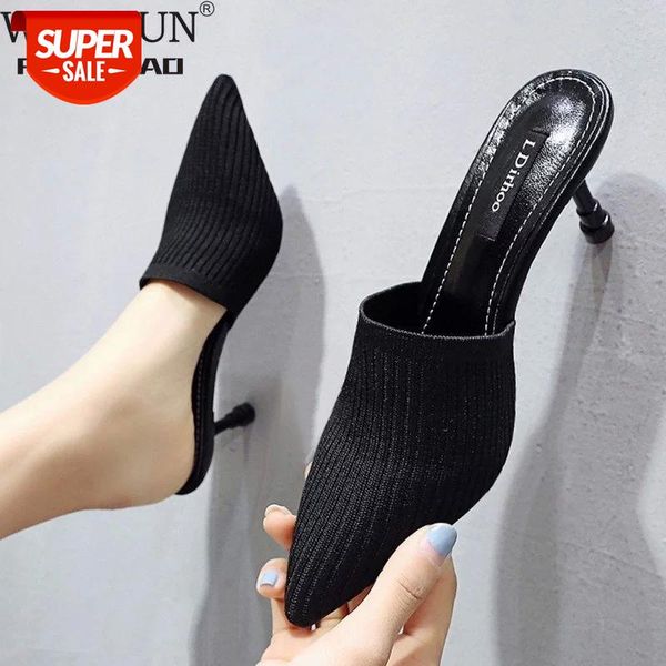 

2021 women shoes knit pointed high heels fashion pumps stilettos mules loafer casual feminine sandalias #fz2j, Black