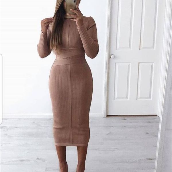 

party dress women long sleeve mid-calf nude bandage ladies 210527, Black;gray