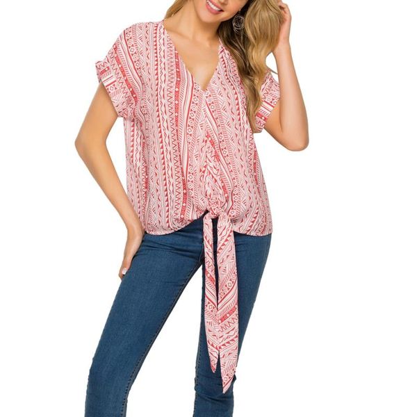

women's blouses & shirts fashion women ladies summer casual short sleeve blouse v-neck front tie pullover loose red yellow, White