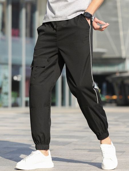 

men contrast piping flap pocket drawstring waist cargo pants j7le#, Black