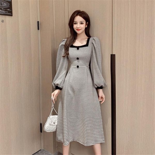 

casual dresses vintage dress square collar sashed harajuk plaid women autumn 2021 long puff sleeves tea elegant, Black;gray