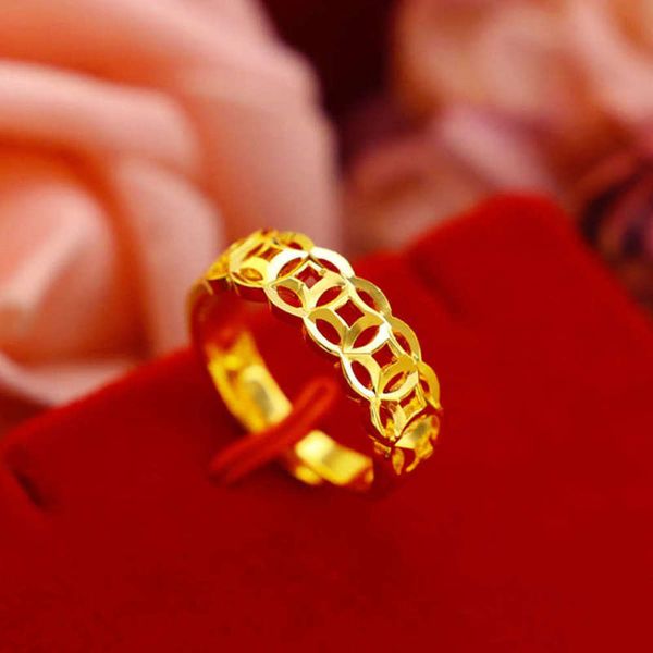 

japanese and korean fashion gold imitation pure plating zhaocai copper coin opening ring women's jewelry, Black