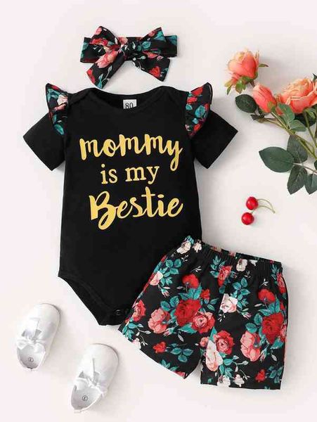 

baby slogan and floral print bodysuit & shorts with headband she, Blue