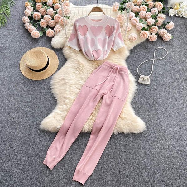 

women's two piece pants women fashion streetwear trousers set design beading love knitted +high waist long suits 2021, White