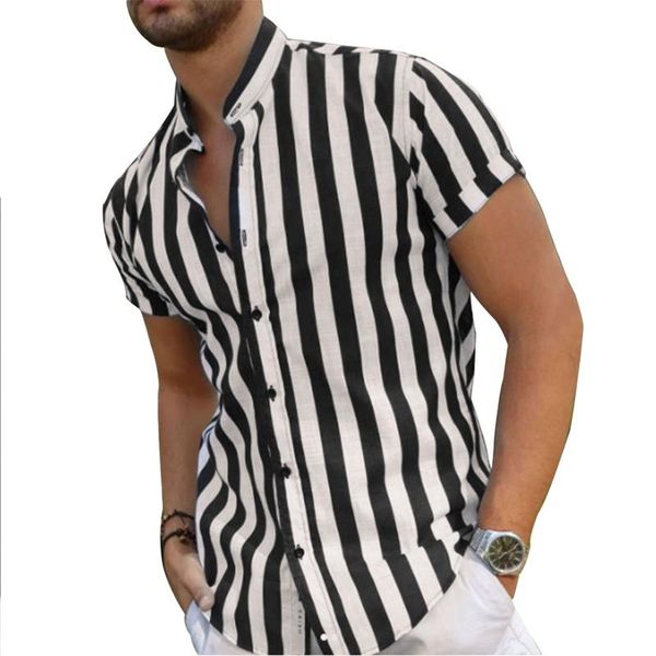 

men's casual shirts 2021 men summer short-sleeved shirt fashion stripe printing stand collar loose for daily wear work sports, White;black