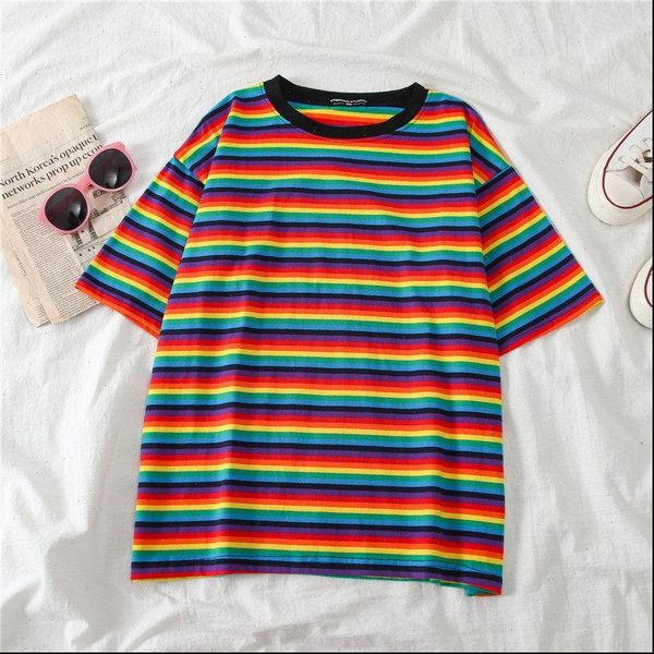 

short women casual fashion t shirt summer plus size rainbow stripe modis harajuku oversized tees female my6651, White