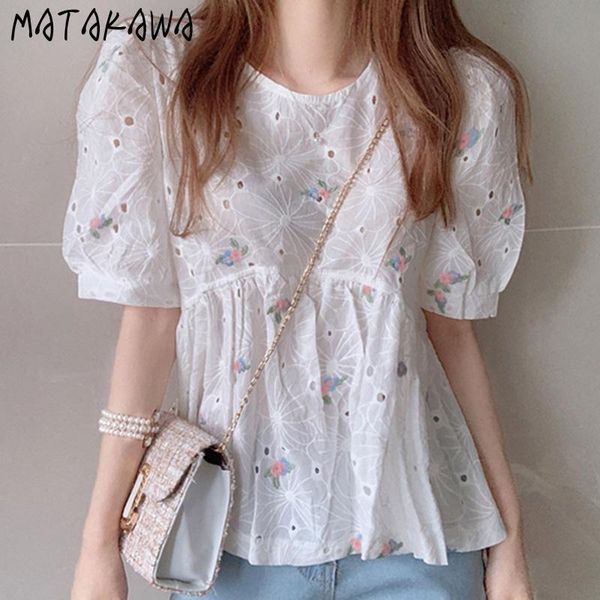

women's blouses & shirts matakawa heavy industry embroidery hook flower hollow loose bubble sleeve doll frauen blusen retro round neck, White