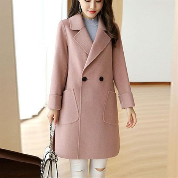 

women's wool & blends autumn winter jacket women loose coats elegant overcoat basic coat pockets woolen long female top, Black