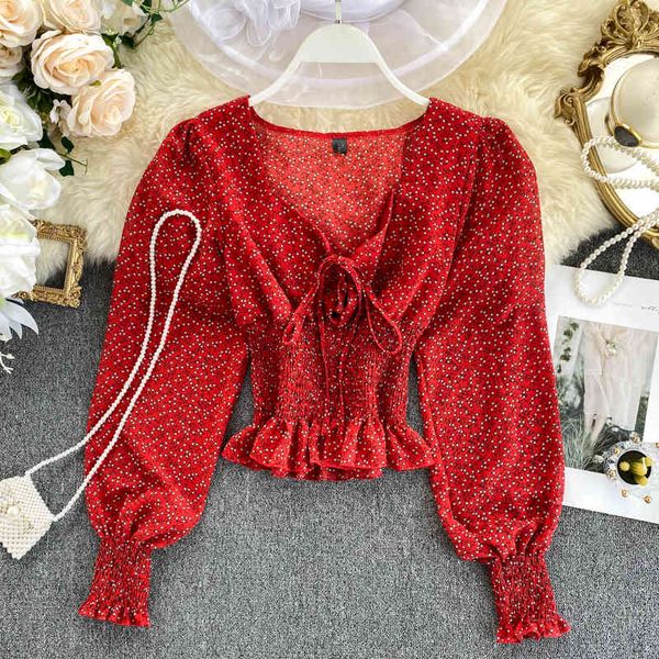 

womens vintage floral chiffon shirt v-neck design print lantern sleeves to shrink waist spring autumn blouse short ml640, White