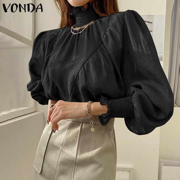 

women's blouses & shirts vonda 2021 spring blouse women casual long sleeve solid flare blusas femininas loose turtle neck pleated, White