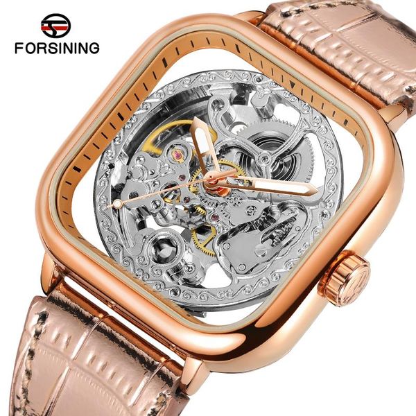 

wristwatches forsining transparent skeleton dial square watch rose golden sport leather band watches luminous hand self winding mens clock, Slivery;brown