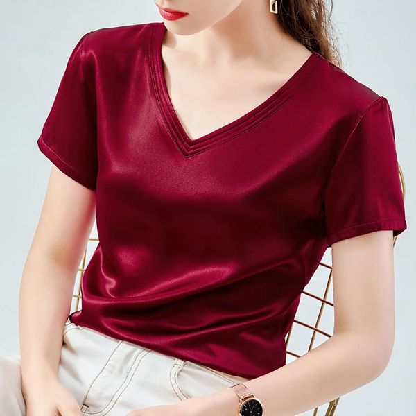 

women's t-shirt acetate short sleeve 2021 summer double side v-neck half silk satin loose top, White