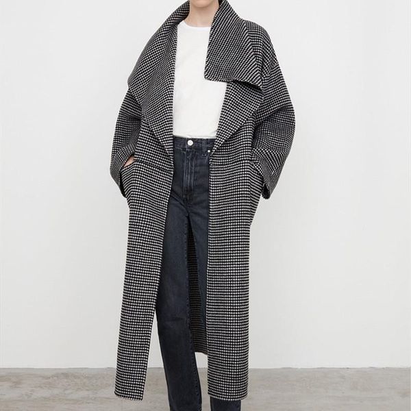 

women's wool & blends houndstooth woolen office coat loose turn-down collar long sleeve female mid-length jacket 2021 autumn winter, Black