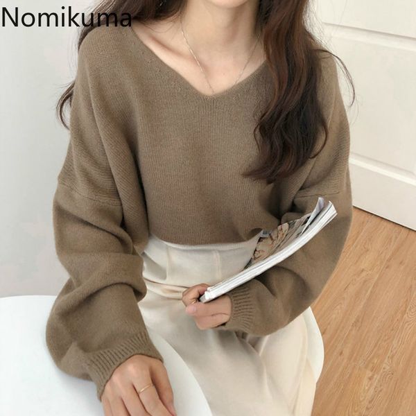 

nomikuma pull femme v neck long sleeve knitted sweaters women casual loose pullover sueter mujer korean style jumpers 3d139 210514, White;black