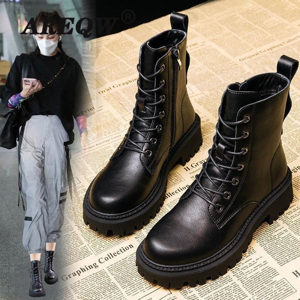 

boots women ankle platform genuine calfskin leather side zip retro round toe ladies chunky heel shoes handmade, Black