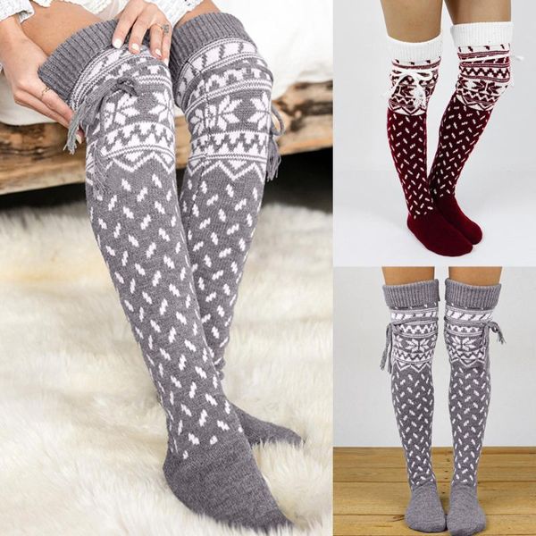 

christmas warm thigh high long stockings knit over knee socks xmas cotton girls womens#40 sports, Black