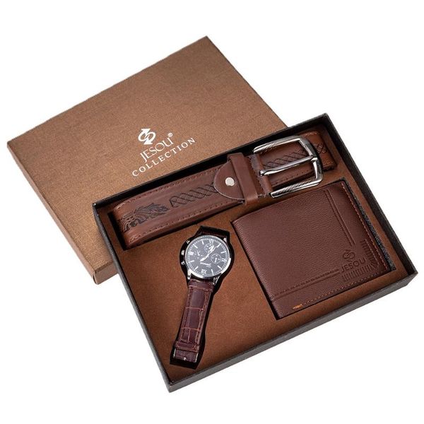 

wristwatches 4pcs men's gift set beautifully packaged watch + wallet leather belt selling creative combination men watches luxury, Slivery;brown