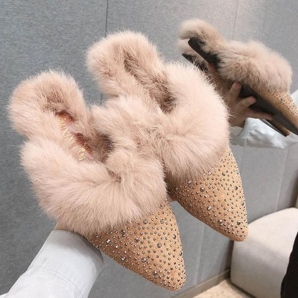 

slippers ladies pointed toe designer shoes women luxury rhinestone crystal furry slides mules slip on woman flats, Black