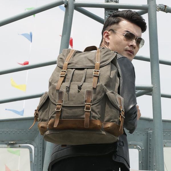 

backpack waxed canvas leather men lapbags waterproof travel backpacks large capital rucksack hiking camping
