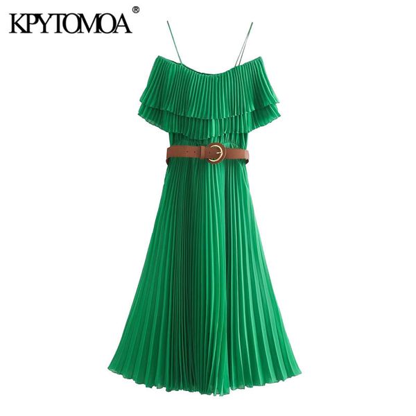 

women chic fashion with belt ruffles pleated midi dress vintage elastic waist thin straps female dresses vestidos 210416, Black;gray