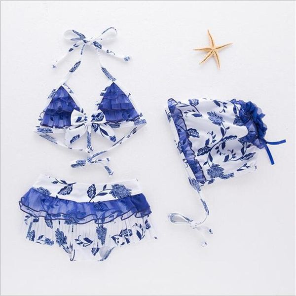 

blue and white porcelain print pattern kids bikini+hat baby girls swimming clothing 2t-6, Black