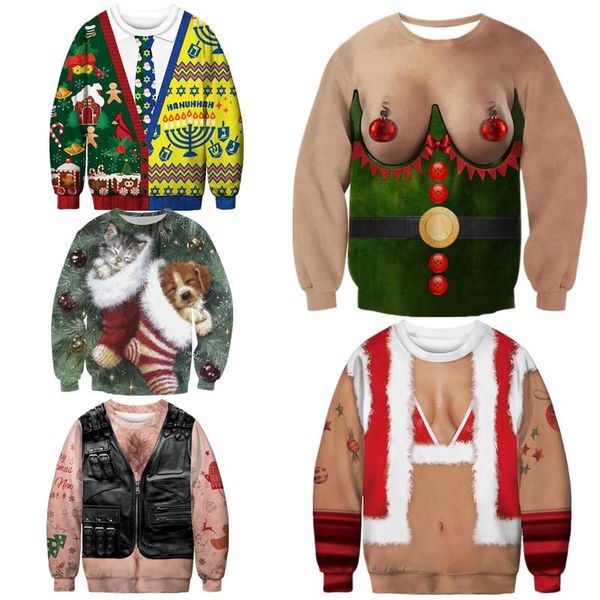 

women's sweaters christmas 2021 printing round neck pullover sweater men and women lovers ugly autumn winter blouses, White;black