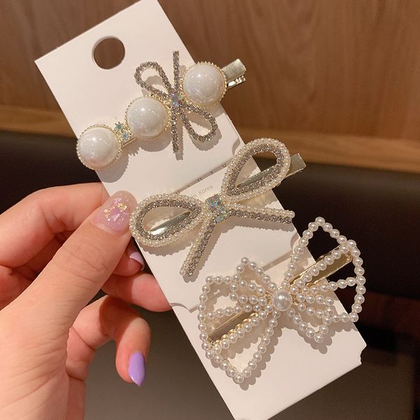 

bowknot pearl hairpin headdress net celebrity girl liu haibin clip south korea side back head ear, Slivery;white